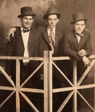 RPPC Three Men Stand Behind Prop Fence SMOKING In Studio Photo ANTIQUE Postcard picture