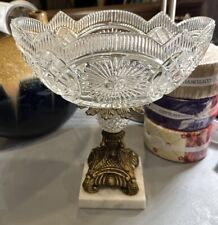 Crystal  Sawtooth Pinwheel Compote  Bowl Brass Marble Pedestal Hollywood Regency picture