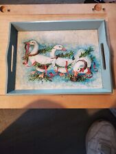 Painted Wood Serving Tray Blue Handles Ducks Goose Geese Wreaths Ribbons VTG 80s picture