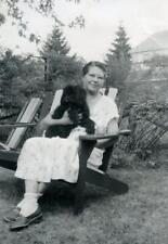 Z807 Vtg Photo WOMAN ADIRONDACK CHAIR HOLDING BLACK PUPPY DOG c 1930's 40's picture