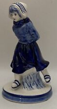 Vintage Delft Blue Dutch Cute Ice Skater Girl Porcelain Figurine 6” Tall picture