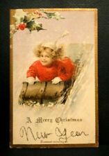 c 1908 antique DENNISON'S CHRISTMAS POSTCARD ~ GIRL SLED SNOW new year glitter picture