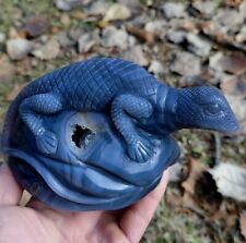OUTSTANDING BLUE URUGUAY AGATE GEODE CHAMELEON LIZARD CARVING🦎 2LB 3.6OZ  picture