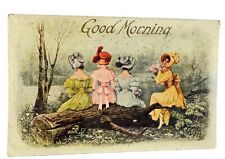 Vintage Victorian Ladies Seated on Log Good Morning Greetings Postcard picture