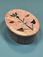 MARBLE OVAL TRINKET BOX - Hand Inlaid Floral Stone - India - Precious picture