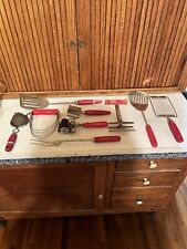 Lot 9 Antique Vintage Primitive Red Wood Handled Kitchen Utensils All Different picture