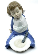 Vintage NAO By LLADRO I'm Full OY IN BLUE Plate & Spoon SPAIN Porcelain FIGURINE picture