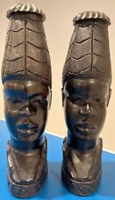 PAIR ANTIQUE 1950S AFRICAN ART HAND CARVED EBONY? WOOD WOODEN BUST LAMP STANDS picture