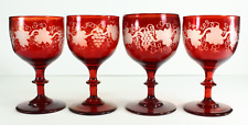 = Bohemian 1880's Wine Goblets Set of 4 Cut to Clear Ruby Red Hand Blown Glass picture