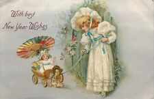 Winsch New Years Greeting Postcard Girl Pulls Doll In Wagon W/ Japanese Parasol picture