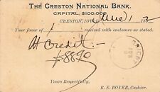 Creston Nat'l Bank Posted 1892 Postal Card Pioneer Postcard Iowa Postcard picture