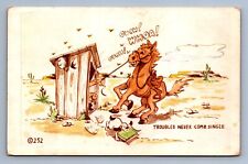 Postcard Vtg Humor Horse And Outhouse Troubles Never Come Single picture