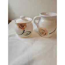 Pfaltzgraff Ceramic Creamer and Sugar Bowl with Lid Off White with Peach Flower picture