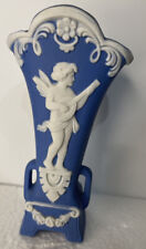 Vintage Schafer And Vater German Blue Jasper Ware Cherub Bud Vase 5 1/4” picture