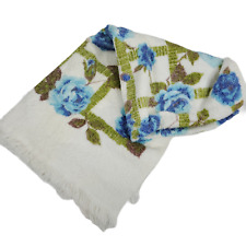 Vintage 1970s Fringe Bath Towel Blue White Roses Trellis 41