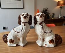 Pair of Vintage Staffordshire Mantle Wally Dogs Brown & White 24cm Tall VGC picture