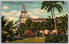 Miami Beach Florida Collins Park Roney Plaza Hotel Streetview Linen UNP Postcard picture