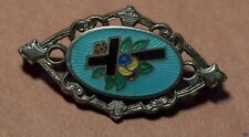 Vintage Religious Enamel Guilloche Brooch Pin Cross Blue picture