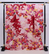 Furisode Kimono Large Size , Used, Red Background, Pink, Full Of Flowers, Condit picture