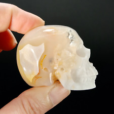 2in Sakura Flower Agate Carved Crystal Skull, Realistic Peach White Flower Agate picture