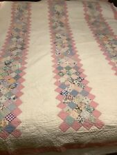 ANTIQUE SAW TOOTH BARS GEOMETRIC QUILT HAND STITCHED PIECED COTTON 66x92” Pink 1 picture
