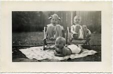 3 CUTE KIDS SIBLINGS SMILES BACKYARD VINTAGE SNAPSHOT PHOTO picture