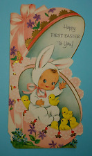 Vintage Rust Craft Die Cut Baby's 1st Easter Embossed Baby Bunny Used Card picture