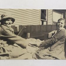 Vintage Sepia Photo Young Women Holding Hands Laughing Friends Backyard picture