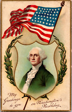 C. 1910 George Washington Birthday Greeting Embossed Postcard Shield US Flag picture