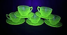 5 Vtg Jeannette Depression Glass Cherry Blossom Green Uranium Teacups & Saucers picture