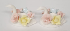 Two Porcelain Swan Candle Holders Pink Yellow Blue Flowers picture