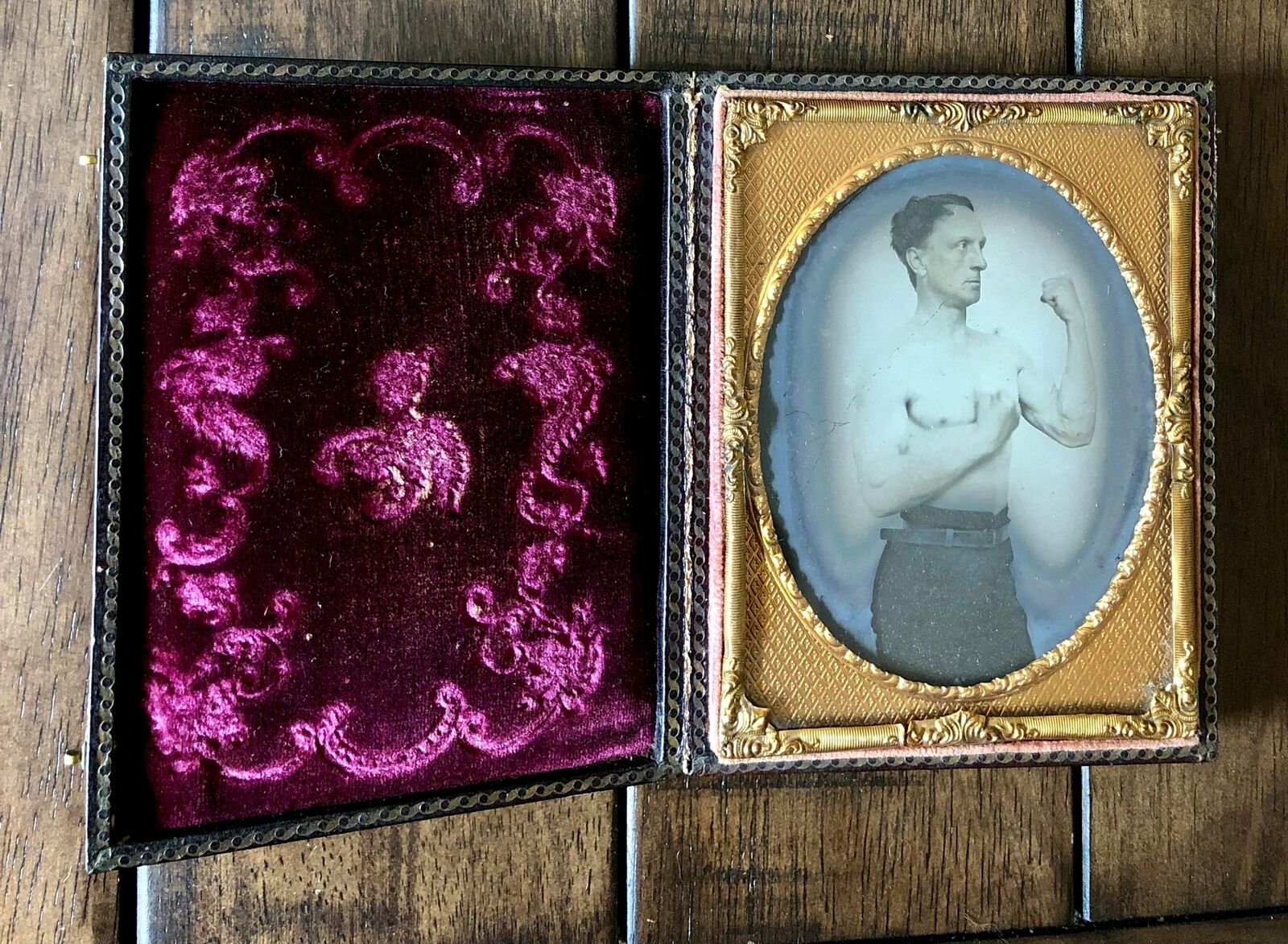 Antique Rare Boxing Ambrotype Photo, Shirtless Bare Knuckle Boxer, Early 1860s