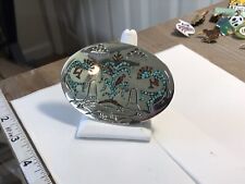 Navajo Belt Buckle .999 Nickle Coral & Turquoise Artist Signed SD C.1980's picture