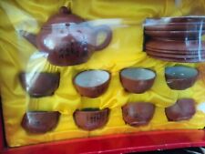 Chinese Yixing Clay Teapot Set Hand Painted In Original Box 8 Cups & Saucers. picture