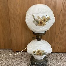 GWTW VINTAGE 3-WAY GLOBED PUFFY LIONS HEAD FLORAL MILK-GLASS HURRICANE LAMP picture