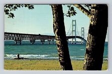 Mackinaw City MI-Michigan, Mackinac Bridge, Straits of Mackinac Vintage Postcard picture