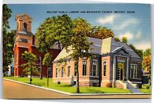 Belfast ME Maine Public Library & Methodist Church Nice Linen Vintage Postcard picture