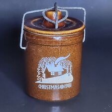 Vintage Christmas 1981 Dark Brown Ceramic Cheese Butter Crock with Lid  picture
