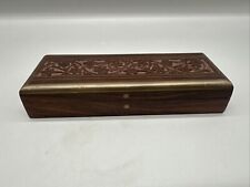 Vintage Carved Indian Wood Box Brass Trim Lid 8” x 3” x 1.5” Flowers Vines picture