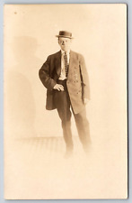 Postcard Young Man Standing In A Suit Tie & Hat Vintage Photograph Portrait A16 picture