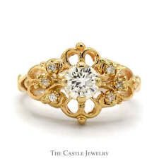 Antique Style Round Diamond Ring with Diamond Accented Open Floral Design in 14k picture