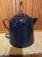 Large Vintage Enamelware Dark Blue & White Speckled Cowboy Coffee Kettle Pot picture