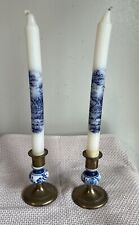 Vintage Delft Style Ceramic And Brass Candlestick Holders W/Delft Holland Candle picture
