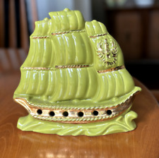 Vintage TV Lamp, Green Gold Ceramic Galleon Ship with Light, Mid-Century picture