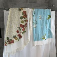 Vintage Tablecloths Lot Of 2 Round And Rectangle Turq And Brown/green Birds& Veg picture