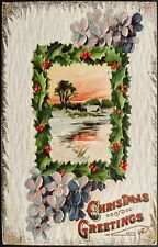 Embossed Christmas Greetings 1910, Pastoral Pond and Cabin Scene picture