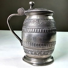 Antique Pewter Tankard Barrel Mug Hinged Lid M.R. 1860 Fancy Authentic Décor picture