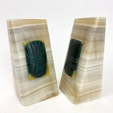 Vintage 60s banded onyx stone pair bookends Mayan green medallion emblems 5.5”T picture