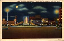 Belleville IL Memorial Fountain &  Public Square Downtown Cars Linen Postcard picture