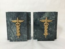 Pair Medical Caduceus Green Marble & Brass Bookends. 6